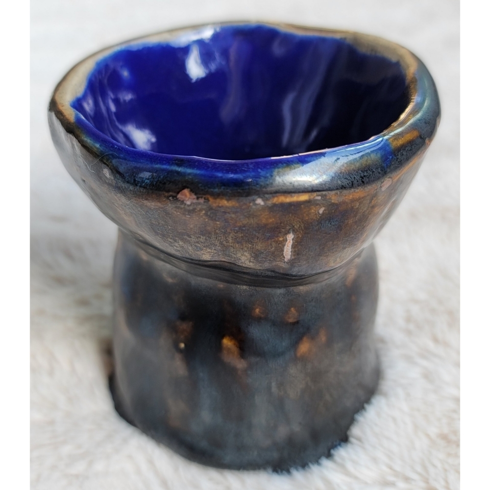Brown metallic and blue handmade ceramic cup